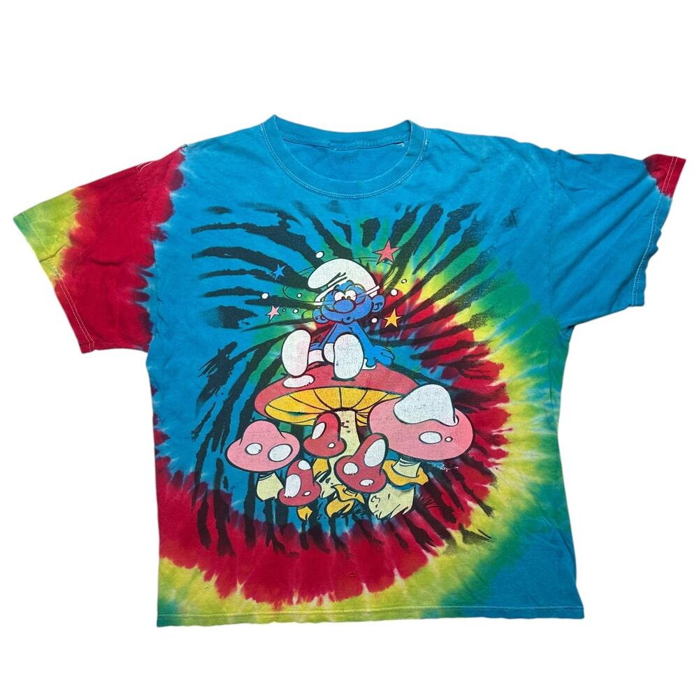 Smurfs Mushroom Tie Dye Graphic T-Shirt Psychedelic Y2K Hippie Tee